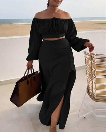 RUCHED LANTERN SLEEVE TOP SLIT SKIRT SET