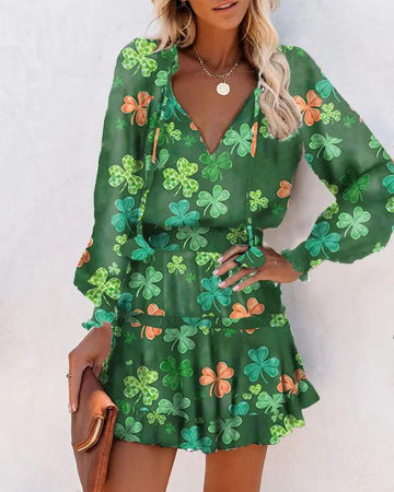 ST PATRICK S DAY CLOVERS PRINT LONG SLEEVE MINI DRESS