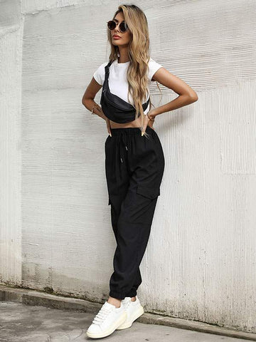 WOMEN LONG SWEATPANTS BLACK POLYESTER RAISED WAIST THIN TROUSERS