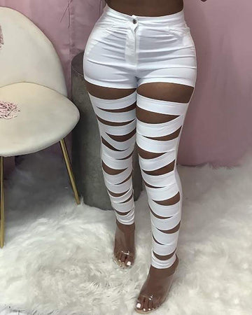 CUTOUT SINGLE BUTTON HIGH WAISTED SKINNY PANTS