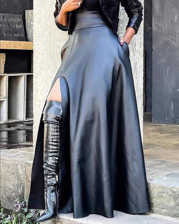PU LEATHER HIGH SLIT POCKET DESIGN SKIRT
