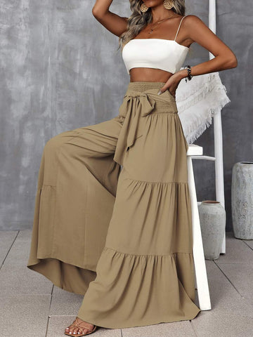VCAY SHIRRED WAIST TIE FRONT RUFFLE HEM WIDE LEG PANTS
