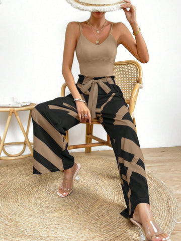 VCAY SOLID CAMI TOP GEO PRINT KNOT FRONT WIDE LEG PANTS