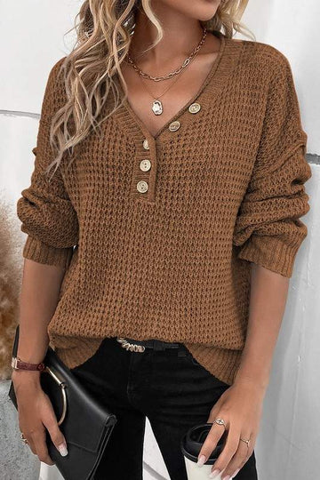 POINTELLE KNIT BUTTON V NECK DROP SHOULDER SWEATER