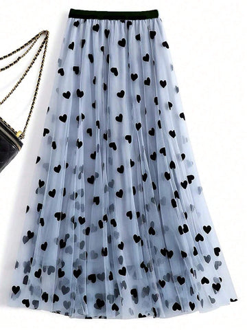 EMBROIDERED FLOCKED HEART MESH OVERLAY SKIRT