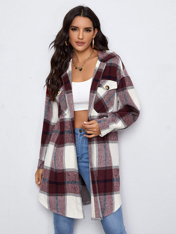 DROP SHOULDER FLAP POCKET CURVED HEM PLAID COAT