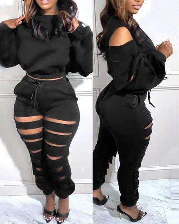 LADDER CUTOUT LONG SLEEVE TOP DRAWSTRING PANTS SET