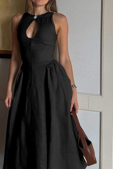 HOLLOW ROUND NECK A LINE MIDI DRESS