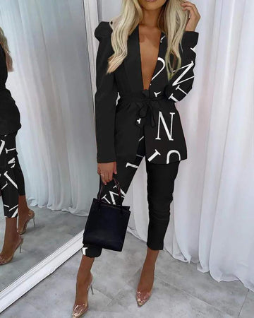 LETTER PRINT SHAWL COLLAR TIE FRONT BLAZER PANTS SET