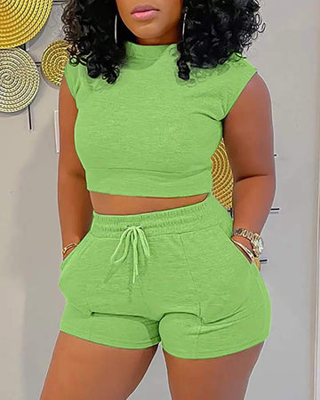 CAP SLEEVE CROP TOP DRAWSTRING POCKET DESIGN SHORTS SET