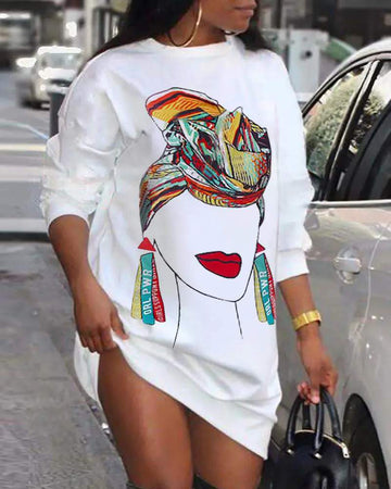 FIGURE PRINT LONG SLEEVE CASUAL DRESS