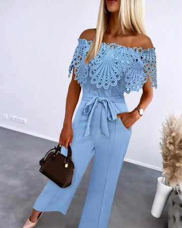 EYELET EMBROIDERY OFF SHOULDER JUMPSUIT