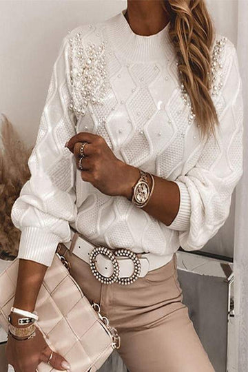 DIAMOND PATTERN BEADS DETAIL SWEATER TOP