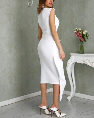 SLEEVELESS SIDE ZIPPER SLIT ASYMMETRICAL WORK DRESS