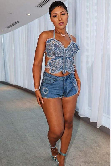 RHINESTONES TOP AND DENIM SHORTS SET