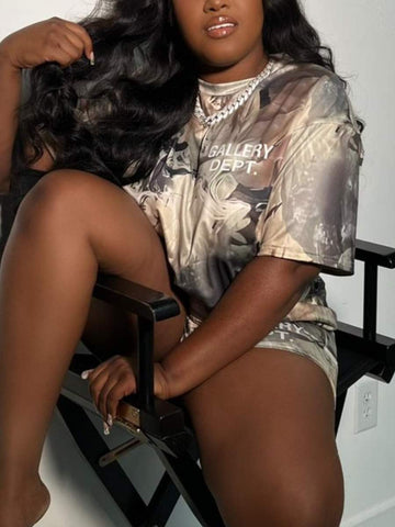 LETTER CAMO PRINT LOOSE PANTS SET