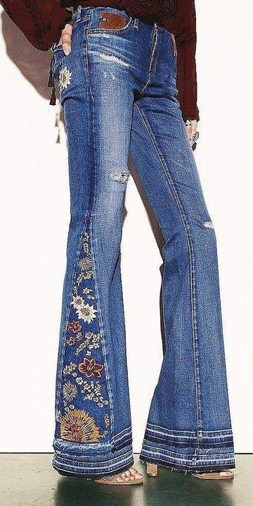 High-Waisted Floral Flare Denim Pants