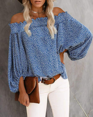 Off Shoulder Floral Print Lantern Sleeve Top