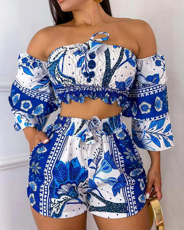 FLORAL PRINT SHIRRED TOP POCKET DESIGN SHORTS SET