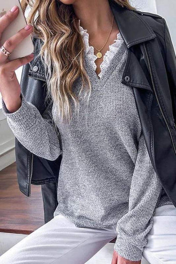 LACE V NECK GRAY LONG SLEEVE TOP