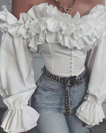 Off Shoulder Bell Sleeve Ruffles Corset Top