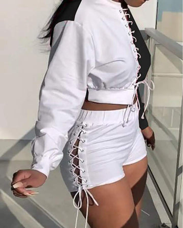EYELET LACE UP COLORBLOCK CROP TOP SHORTS SET