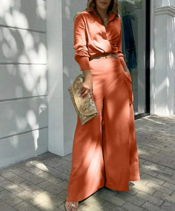 PURE COLOR LONG SLEEVE BLOUSE WIDE LEG PANTS SETS