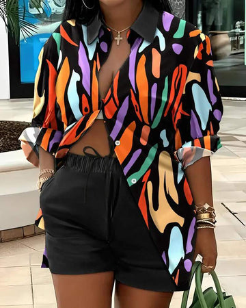 MULTICOLOR ABSTRACT PRINT BUTTONED SHIRT SHORTS SET