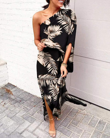 LEAF PRINT ONE SHOULDER SPLIT HEM MAXI DRESS