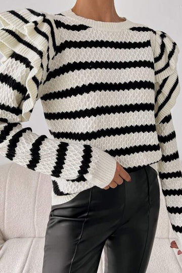 STRIPE RUFFLE TRIM SWEATER