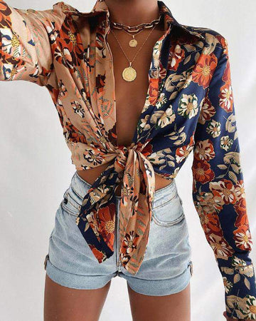 Scarf Print Tie Front Long Sleeve Shirt