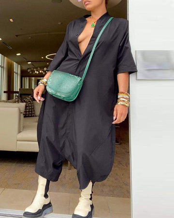 Button Design Asymmetrical O Neck Jumpsuit