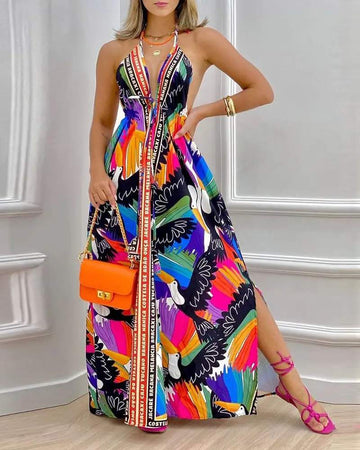 Casual Halter Neck Maxi Dress - Vibrant Print