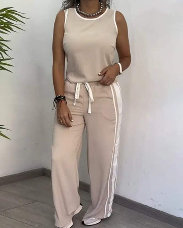 CONTRAST BINDING TANK TOP STRIPED DRAWSTRING PANTS SET