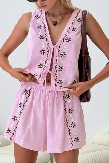 EMBROIDERED V NECK PANTS SHORTS SET