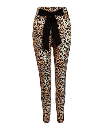 STRIPED CHEETAH PRINT TIED DETAIL SKINNY PANTS