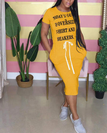 LETTER PRINT SPLIT HEM DRAWSTRING CASUAL DRESS