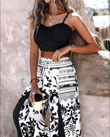 RUCHED CAMI TOP PLANTS PRINT SHIRRED WIDE LEG PANTS SET