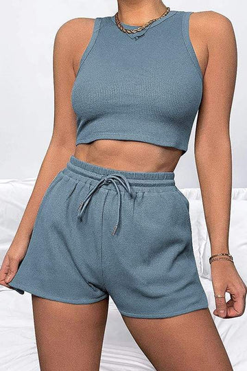 RIB KNIT CROP SHORTS SET