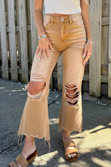 DISRTRESSED FLARED DENIM PANTS