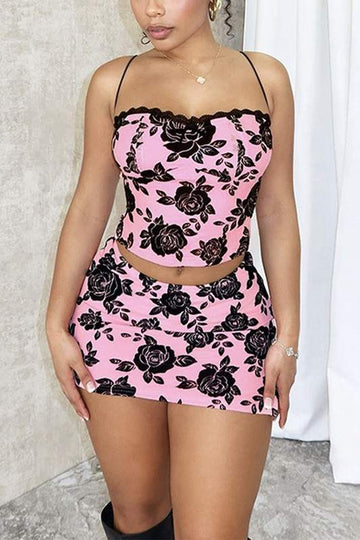 ROSES PRINTED CAMI TOP AND SKIRT SET