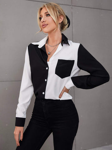 COLORBLOCK PATCH POCKET BLOUSE