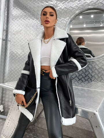 TEDDY LINED BELTED PU LEATHER MOTO JACKET