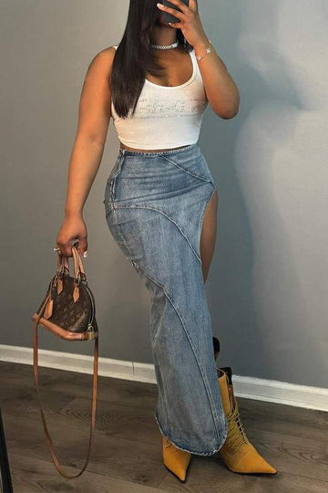 Stylish Crop Top High Slit Denim Skirt Ensemble