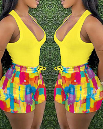 Halter Tank Top Colorblock Print Shorts Set