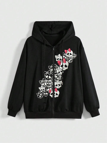 ROMWE GRUNGE PUNK WOMEN S CROSS PRINT ZIPPER HALF FLY HOODED SWEATSHIRT
