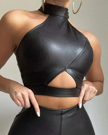 PU LEATHER CUTOUT CROP TOP PANTS SET