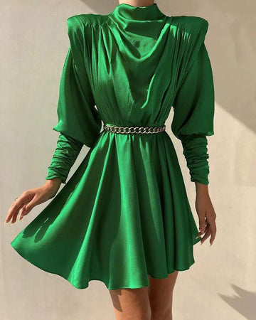 LONG SLEEVE RUCHED MOCK NECK CASUAL DRESS