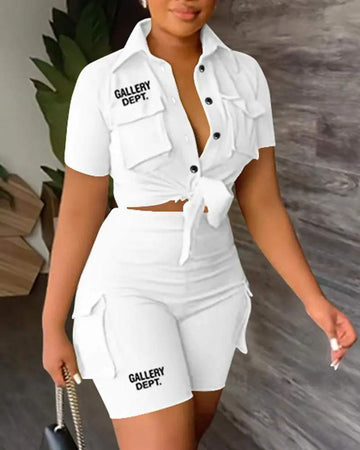 LETTER PRINT POCKET DESIGN SHIRT HIGH WAIST SHORTS SET