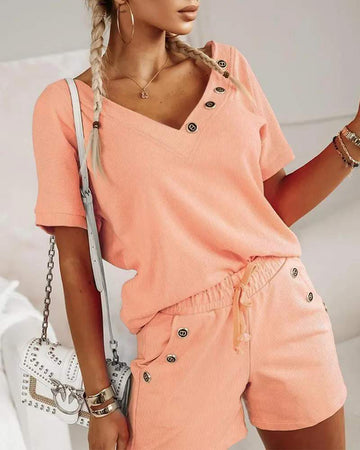BUTTON DECOR V NECK TOP DRAWSTRING POCKET DESIGN SHORTS SET